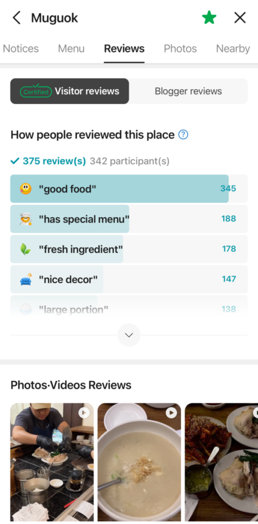 Naver Map Visitor Reviews tab with interactive tags like "good food", "has special menu", etc.