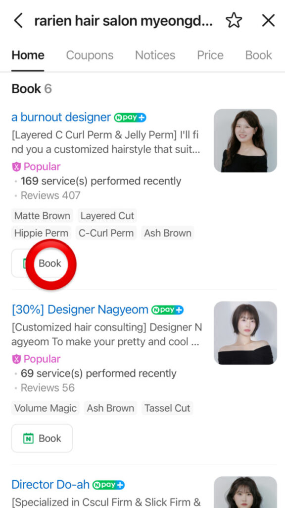 Naver Map screen for Larien hair salon showing a list of designers, including 'a burnout designer' with a red circle around the Book button.