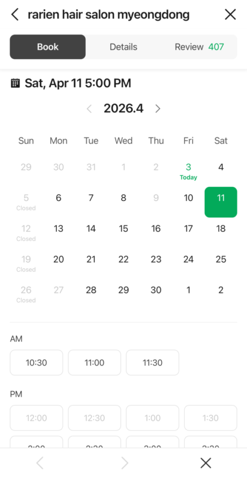 A real-time booking calendar on Naver Map showing Saturday, April 11, at 5:00 PM as the selected appointment time.