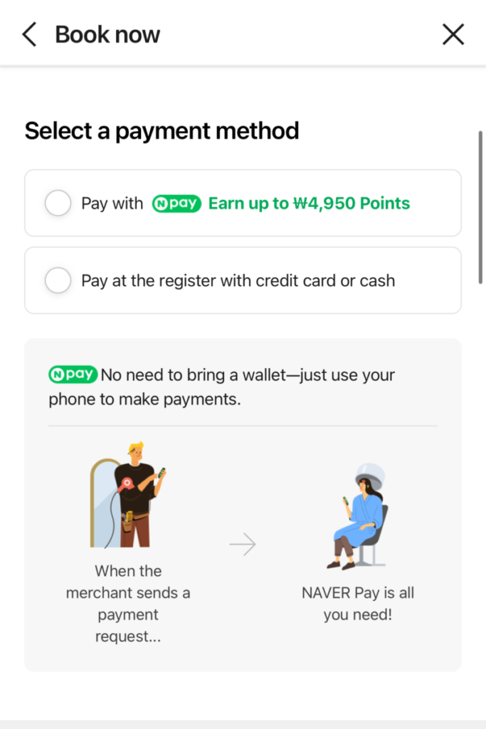 Final step of the booking process showing options to 'Pay with N-Pay' or 'Pay at the register with credit card or cash'.