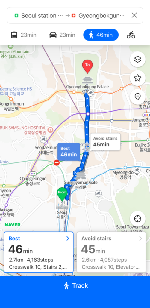 Walking directions showing a 46-minute route and a bicycle route showing an 11-minute trip with crosswalk information.
