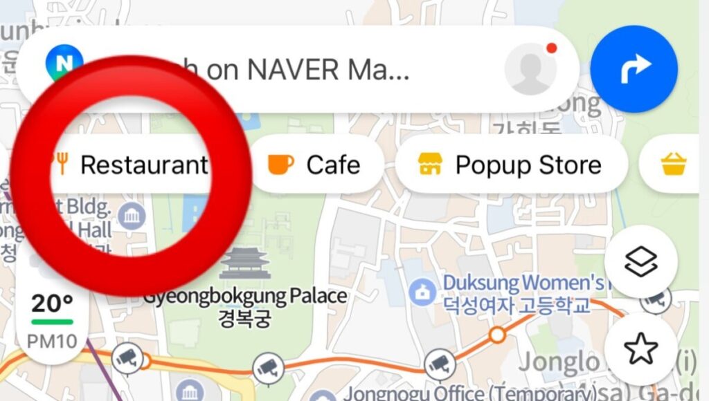 Naver Map main screen with category tabs like Restaurant, Cafe, etc.